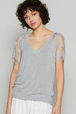 Boho Lace V-Neck Tee – Relaxed Fit Half Sleeve Top – Feminine Lace Detail – Easy Everyday Style – Multiple Sizes - The Elevated Hippie