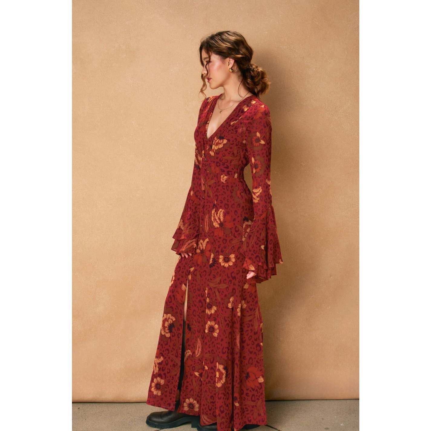 Harvest Mirage Ruffled Bell Sleeve Maxi Dress - The Elevated Hippie