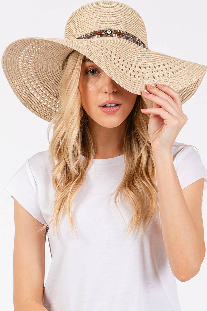 Evil Eye and Multi Design Band Wide Brim Straw Hat boho clothing, festival outfit, hippie style apparel | Elevated Hippie