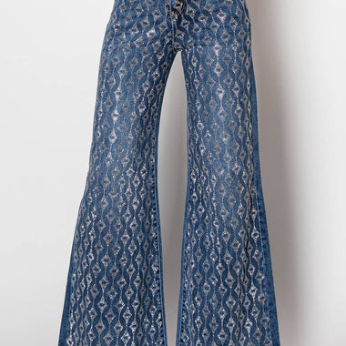 D25-4-A - Embellished wide leg medium blue denim jeans - The Elevated Hippie