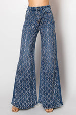 D25-4-A - Embellished wide leg medium blue denim jeans - The Elevated Hippie