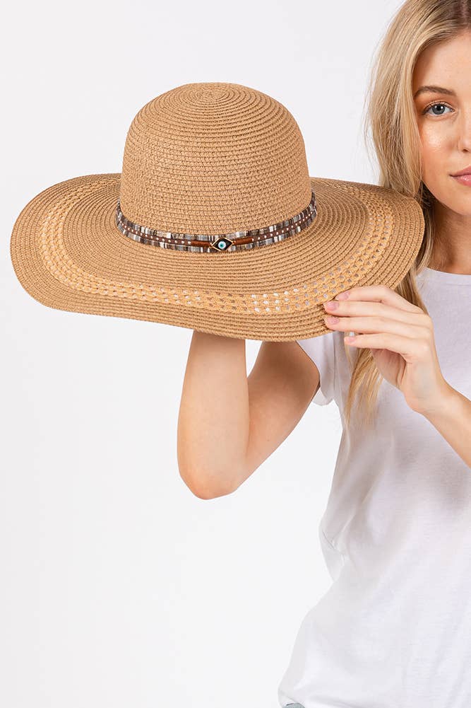 Evil Eye and Multi Design Band Wide Brim Straw Hat boho clothing, festival outfit, hippie style apparel | Elevated Hippie