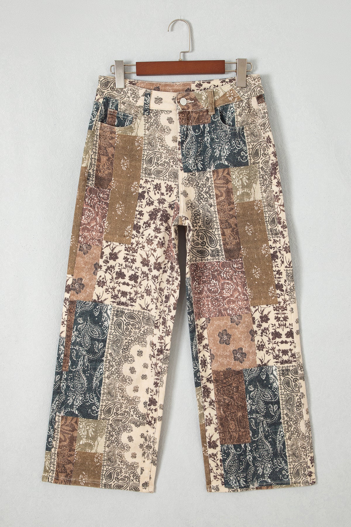 Khaki Patchwork Print Casual Jeans