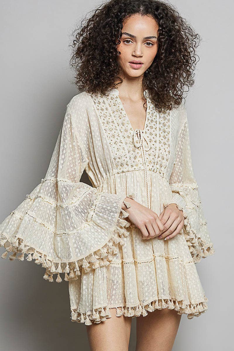 Split Embroidery Tassel Detail V-Neck Flared Short Dress boho clothing, festival outfit, hippie style apparel | Elevated Hippie