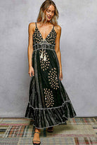 Deep V-Neck Tassel Ruffle Embroidered Trim Maxi Dress boho clothing, festival outfit, hippie style apparel | Elevated Hippie