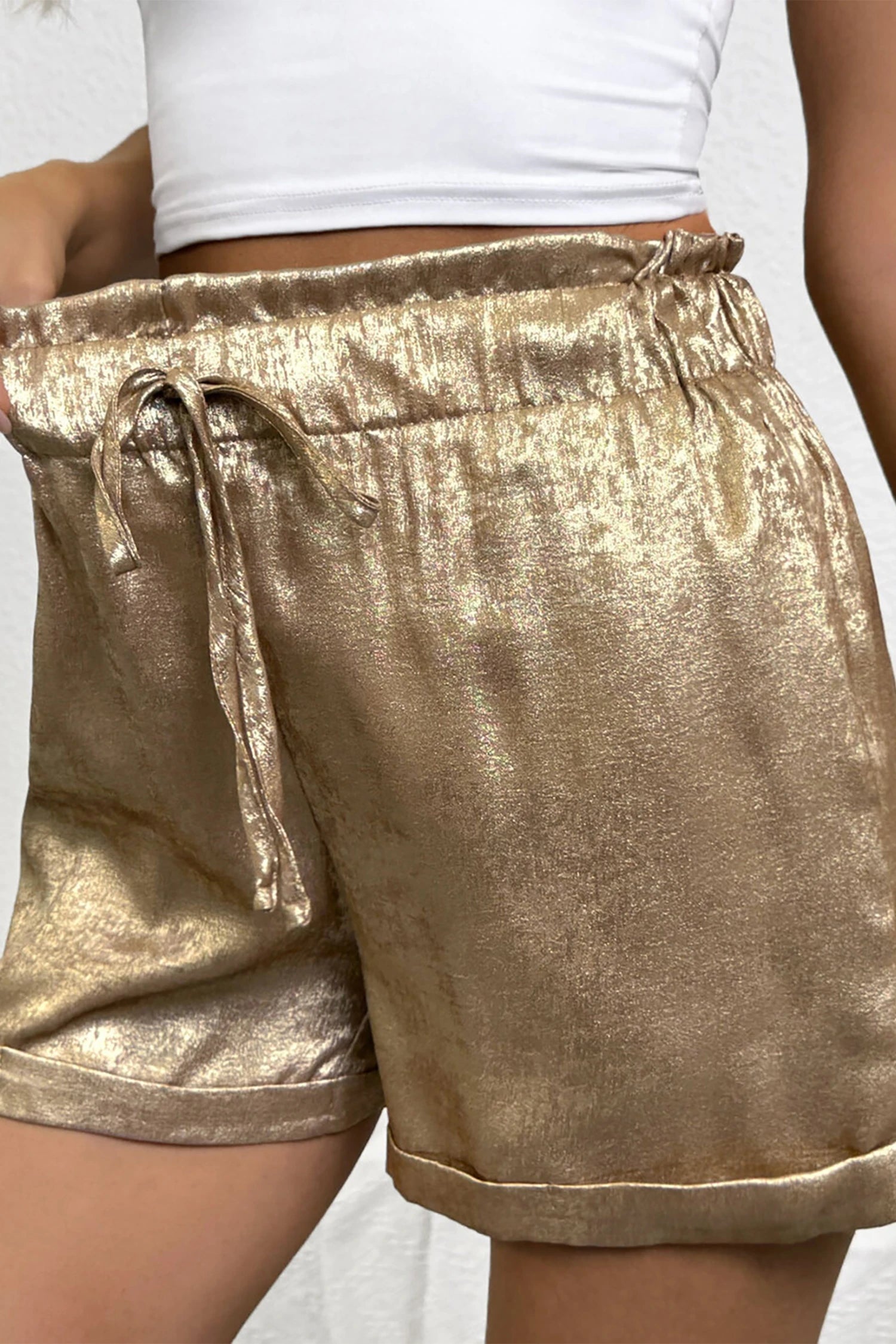 Metallic Flippy Drawstring Shorts boho clothing, festival outfit, hippie style apparel | Elevated Hippie