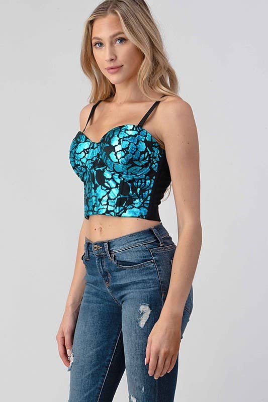 Metallic Shine Floral Printed Crop Top boho clothing, festival outfit, hippie style apparel | Elevated Hippie