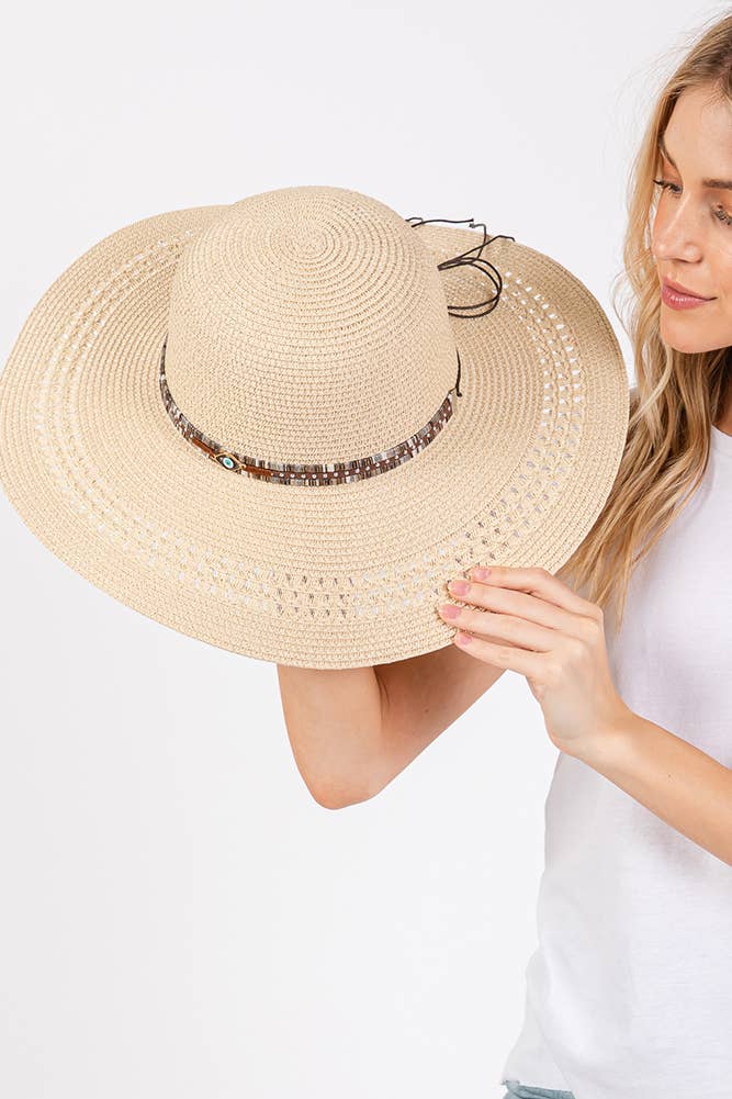 Evil Eye and Multi Design Band Wide Brim Straw Hat boho clothing, festival outfit, hippie style apparel | Elevated Hippie