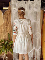 Boho Embroidered Floral Cotton Dress, Fall Lined Short Dress - The Elevated Hippie