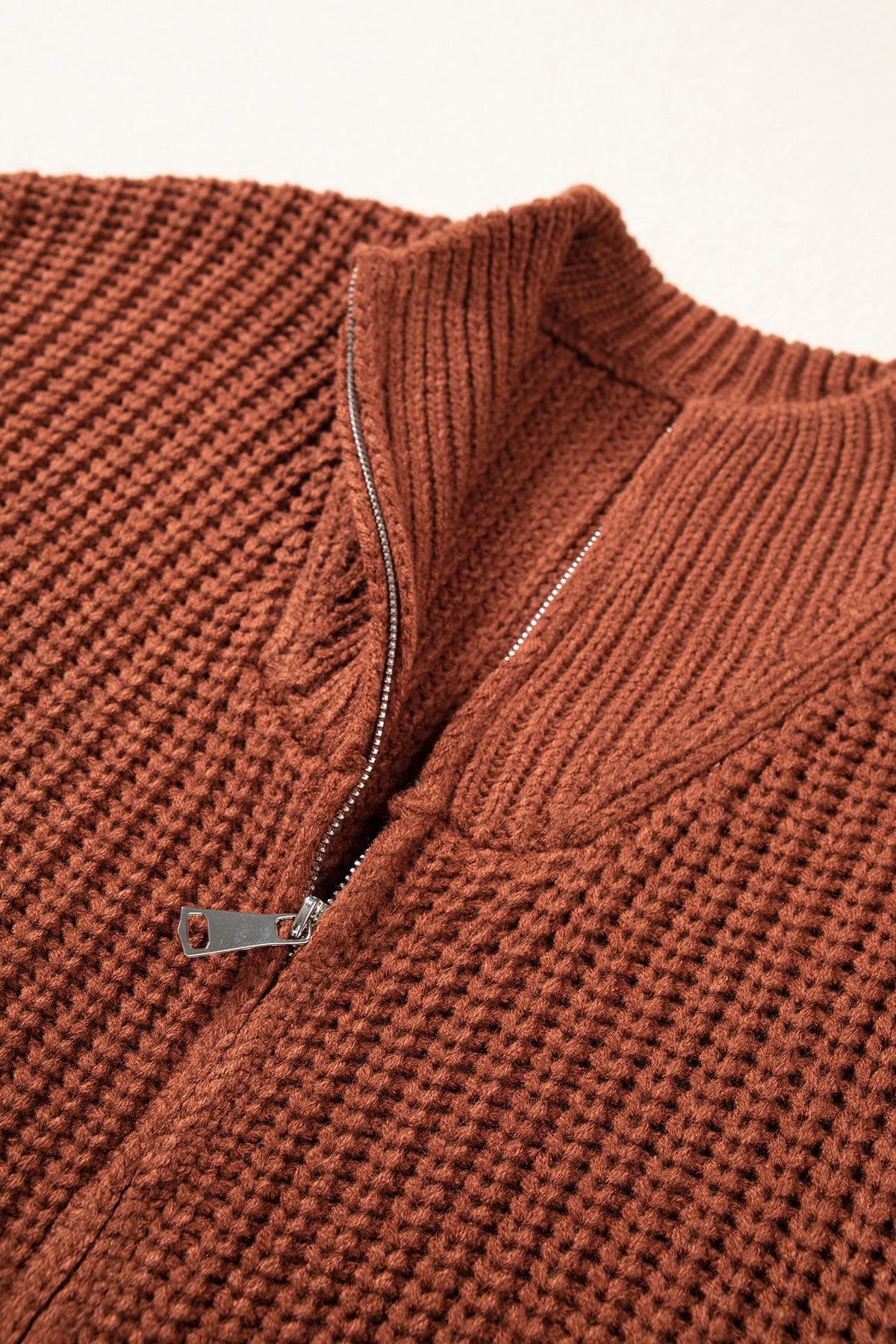 Cinnamon Short Sleeve Zip Knit High Neck Sweater