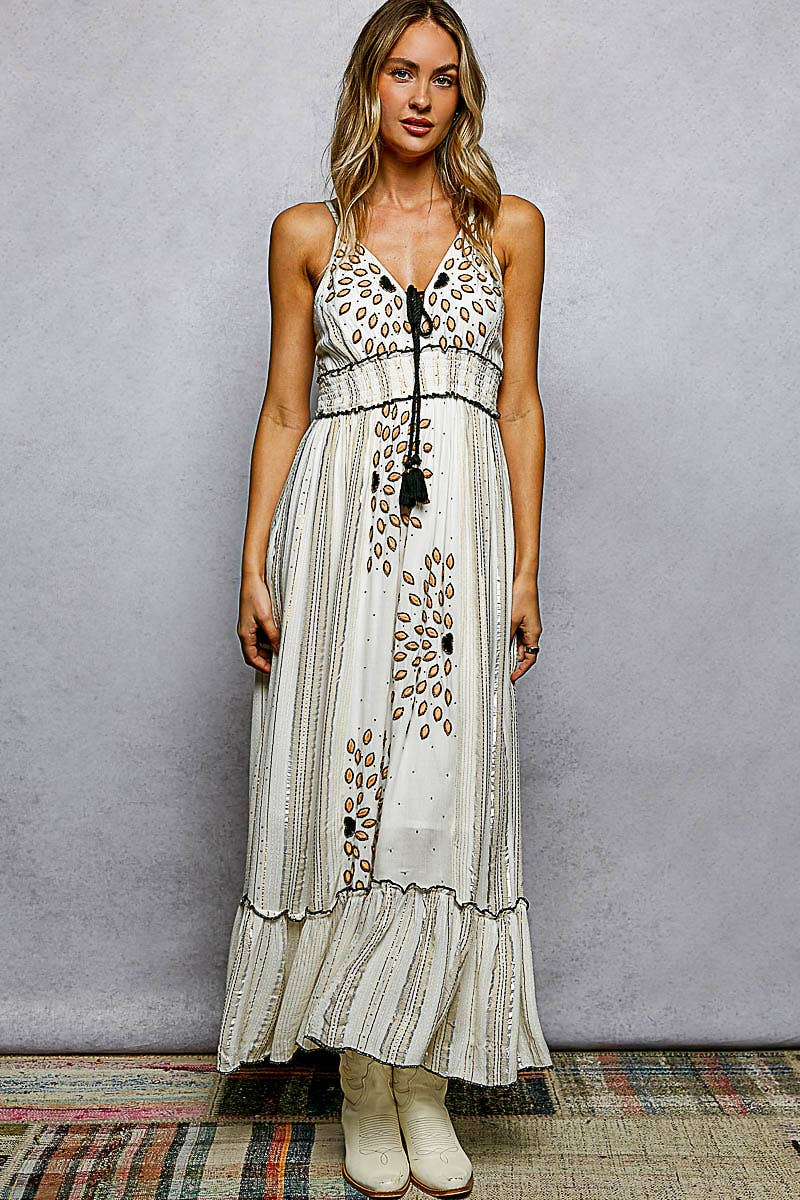 Deep V-Neck Tassel Ruffle Embroidered Trim Maxi Dress boho clothing, festival outfit, hippie style apparel | Elevated Hippie