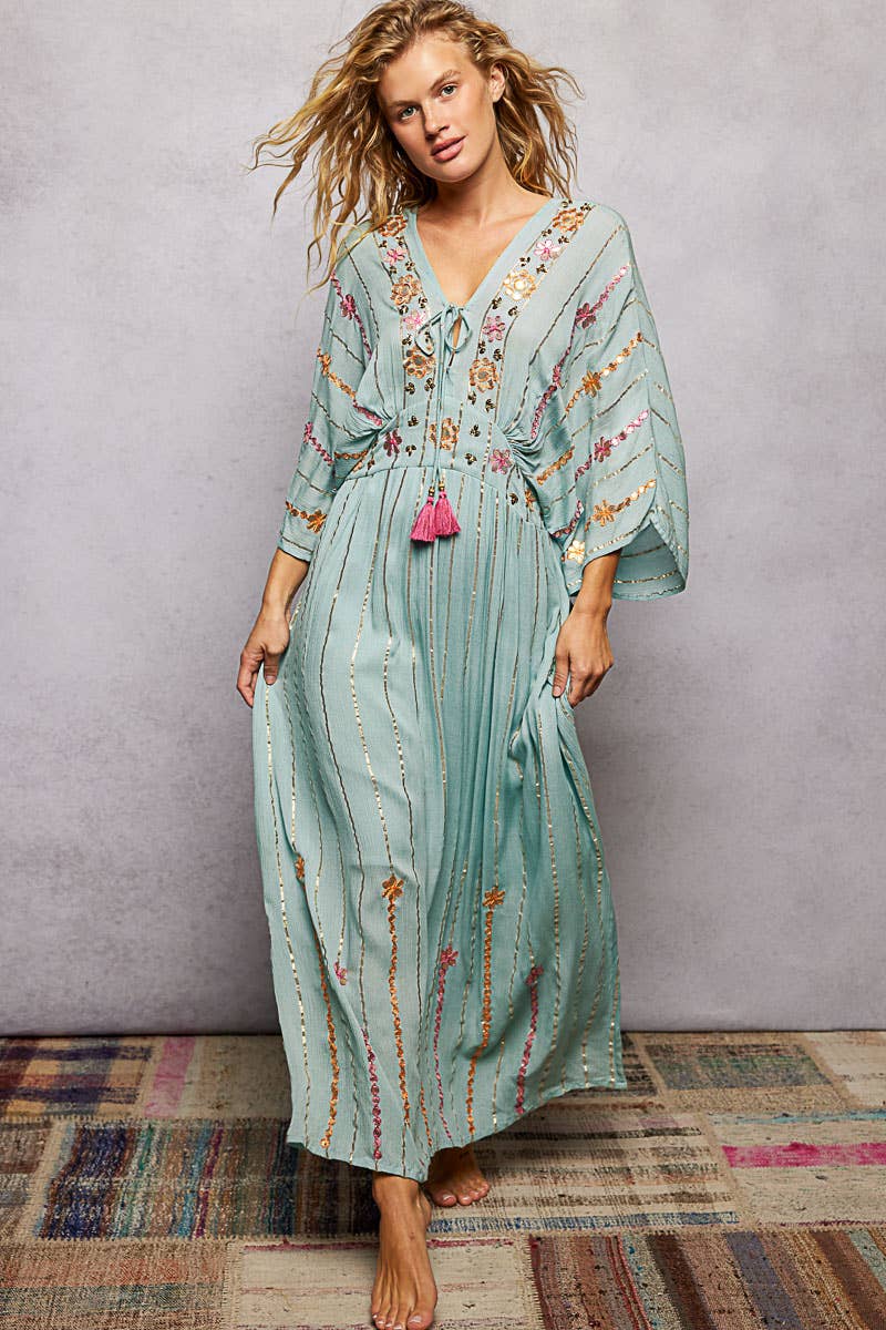 V-Neck Tassel Glint Embroidery Cotton Flowy Fit Maxi Dress boho clothing, festival outfit, hippie style apparel | Elevated Hippie