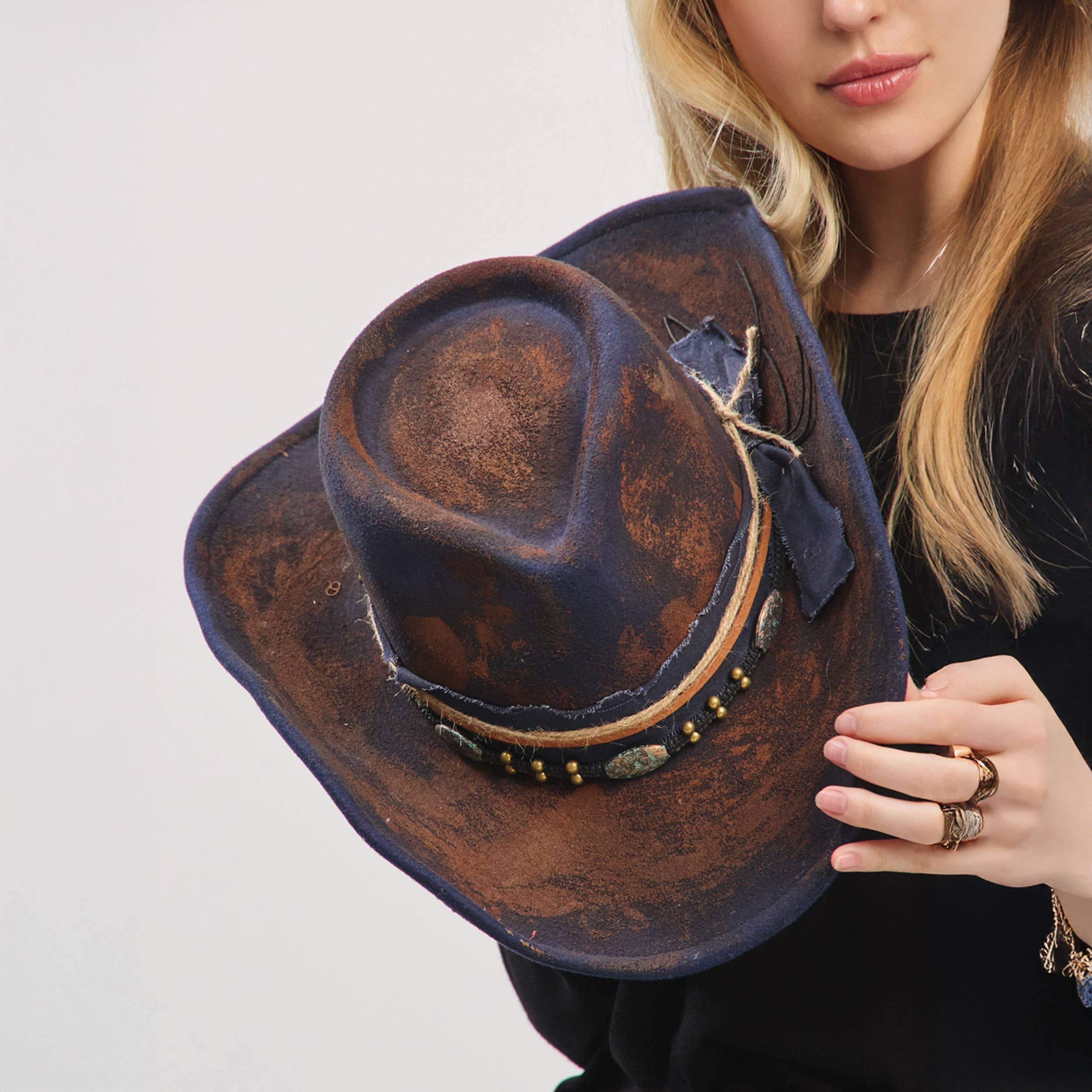 Distressed Fabric Multi Band Cowgirl Fedora Hat boho clothing, festival outfit, hippie style apparel | Elevated Hippie