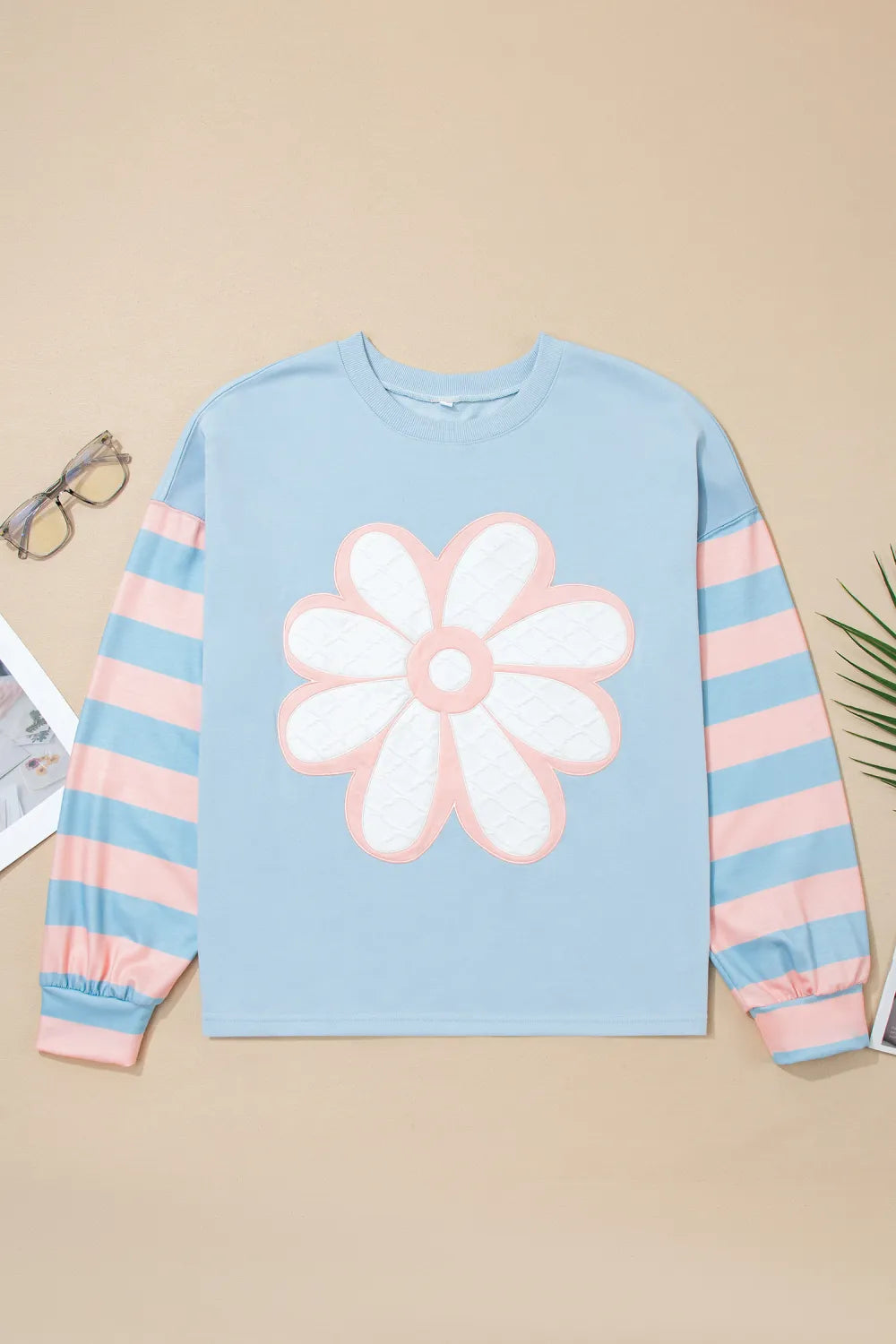Women’s Beau Blue Striped Long Sleeve Top – Flower Patch Drop Shoulder Knit Shirt boho clothing, festival outfit, hippie style apparel | Elevated Hippie