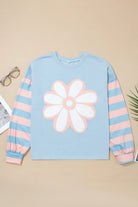Women’s Beau Blue Striped Long Sleeve Top – Flower Patch Drop Shoulder Knit Shirt boho clothing, festival outfit, hippie style apparel | Elevated Hippie