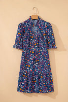 Blue Wild Daisy Floral Puff Sleeve Mini Dress boho clothing, festival outfit, hippie style apparel | Elevated Hippie