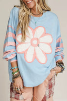 Women’s Beau Blue Striped Long Sleeve Top – Flower Patch Drop Shoulder Knit Shirt boho clothing, festival outfit, hippie style apparel | Elevated Hippie