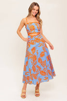 Coral and Blue CUTOUT MIDI DRESS - The Elevated Hippie