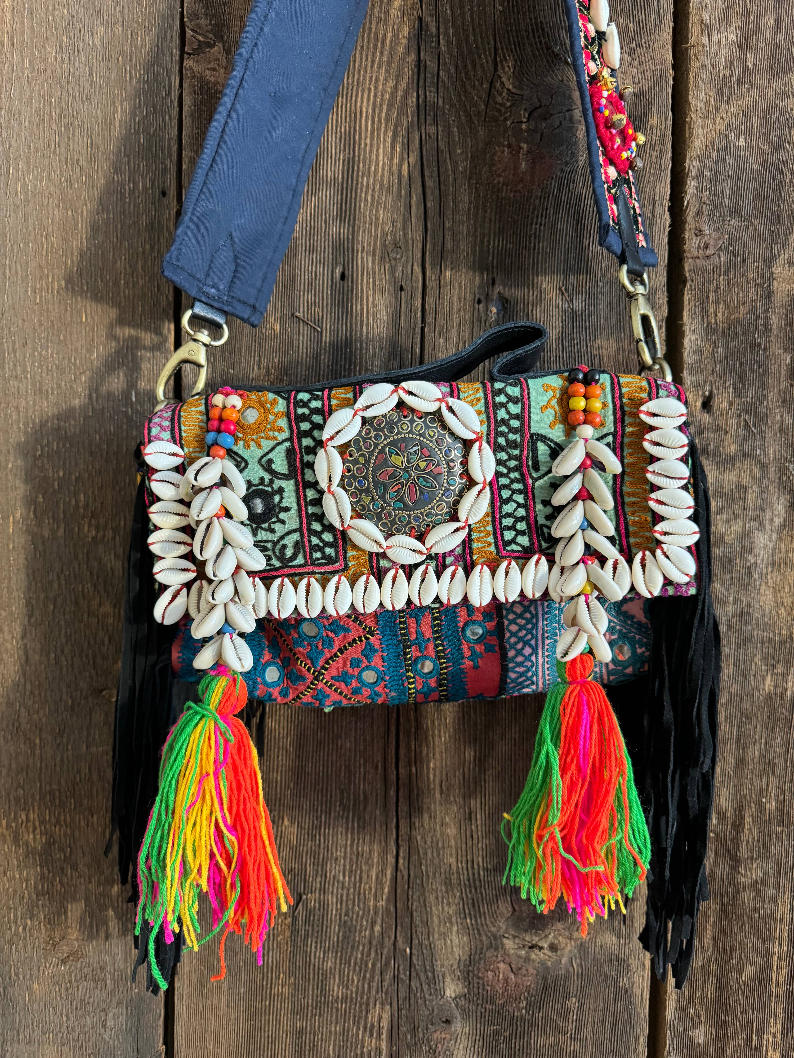 Bohemian Upcycled Fringe Shell Hand Embroidered Patch Bag  - The Elevated Hippie