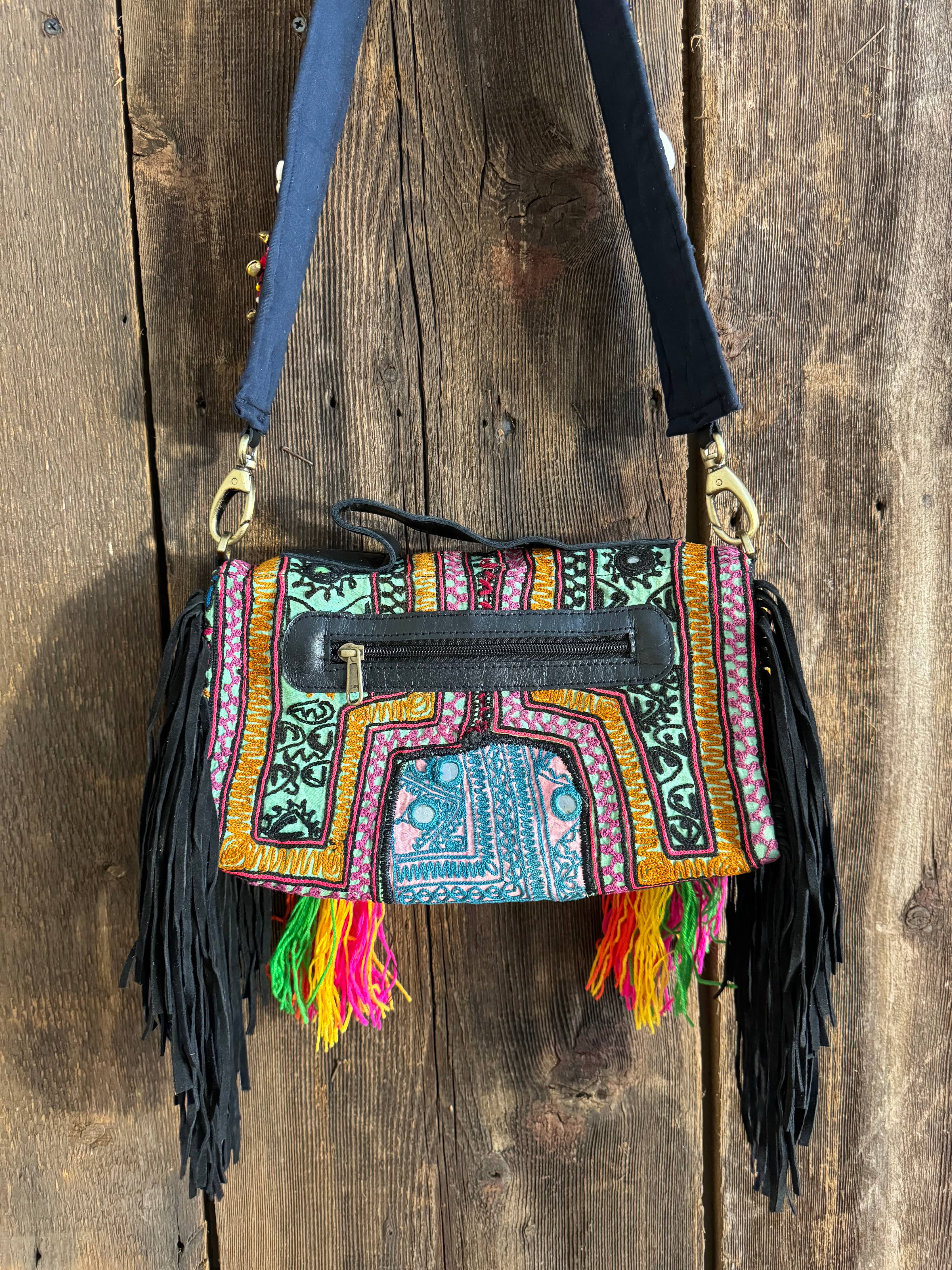 Bohemian Upcycled Fringe Shell Hand Embroidered Patch Bag  - The Elevated Hippie
