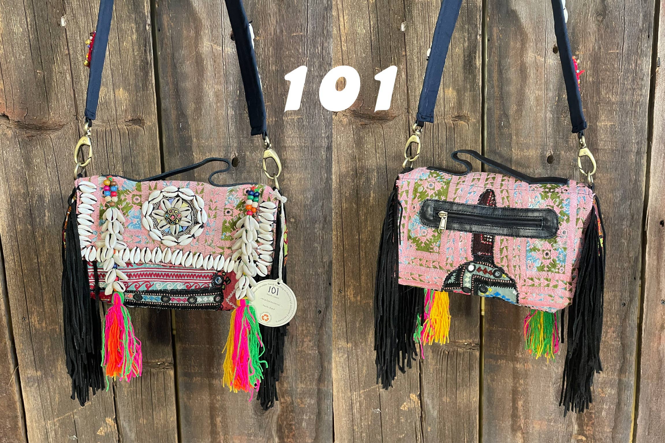 Bohemian Upcycled Fringe Shell Hand Embroidered Patch Bag  - The Elevated Hippie