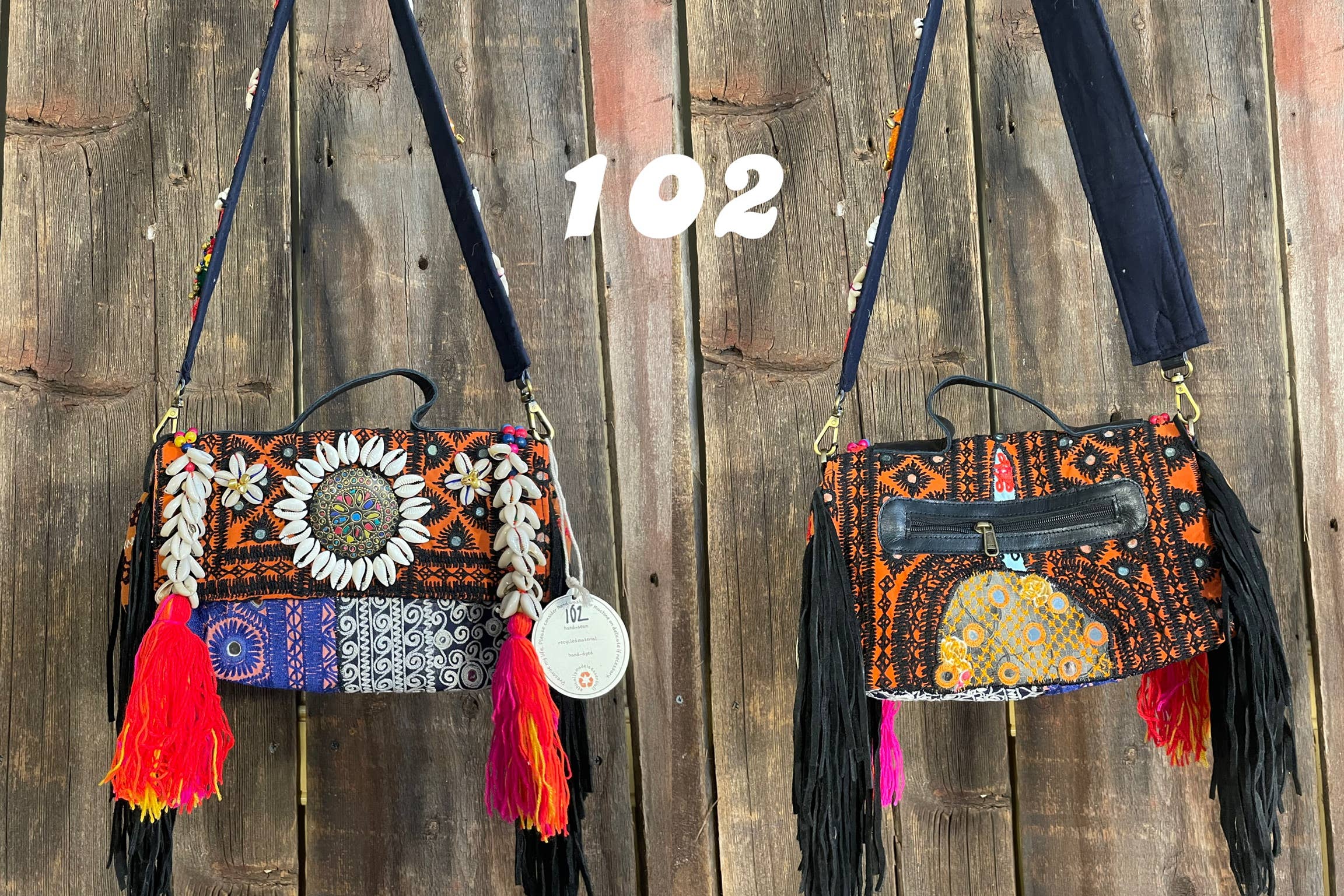 Bohemian Upcycled Fringe Shell Hand Embroidered Patch Bag  - The Elevated Hippie