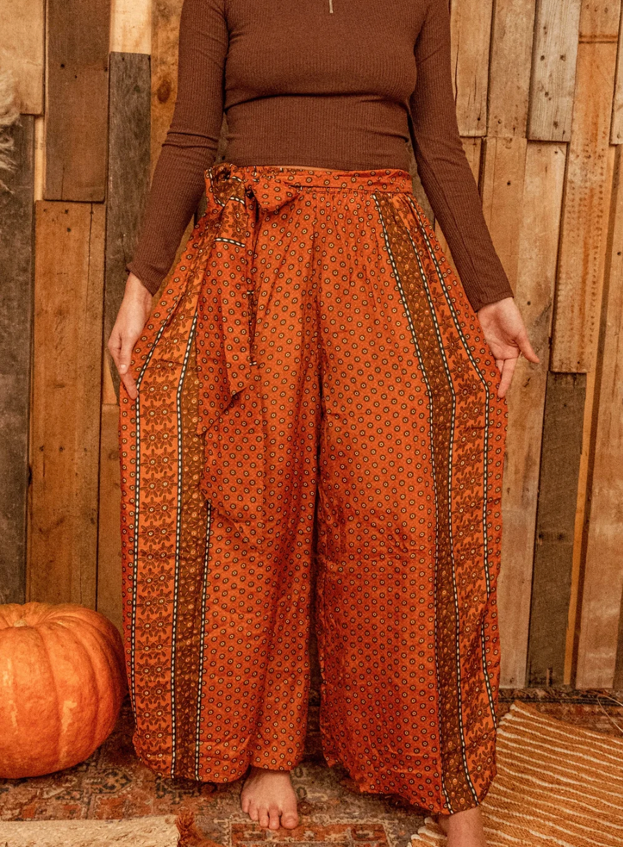 Silk Palazzo Hippie Pants, Elastic Tie Boho Chic Pant - The Elevated Hippie
