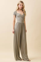 JR56657 - RUCHED SURPLICE PALAZZO JUMPSUIT - The Elevated Hippie