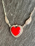 Sterling Silver Red Coral heart with wings necklace 18" boho clothing, festival outfit, hippie style apparel | Elevated Hippie