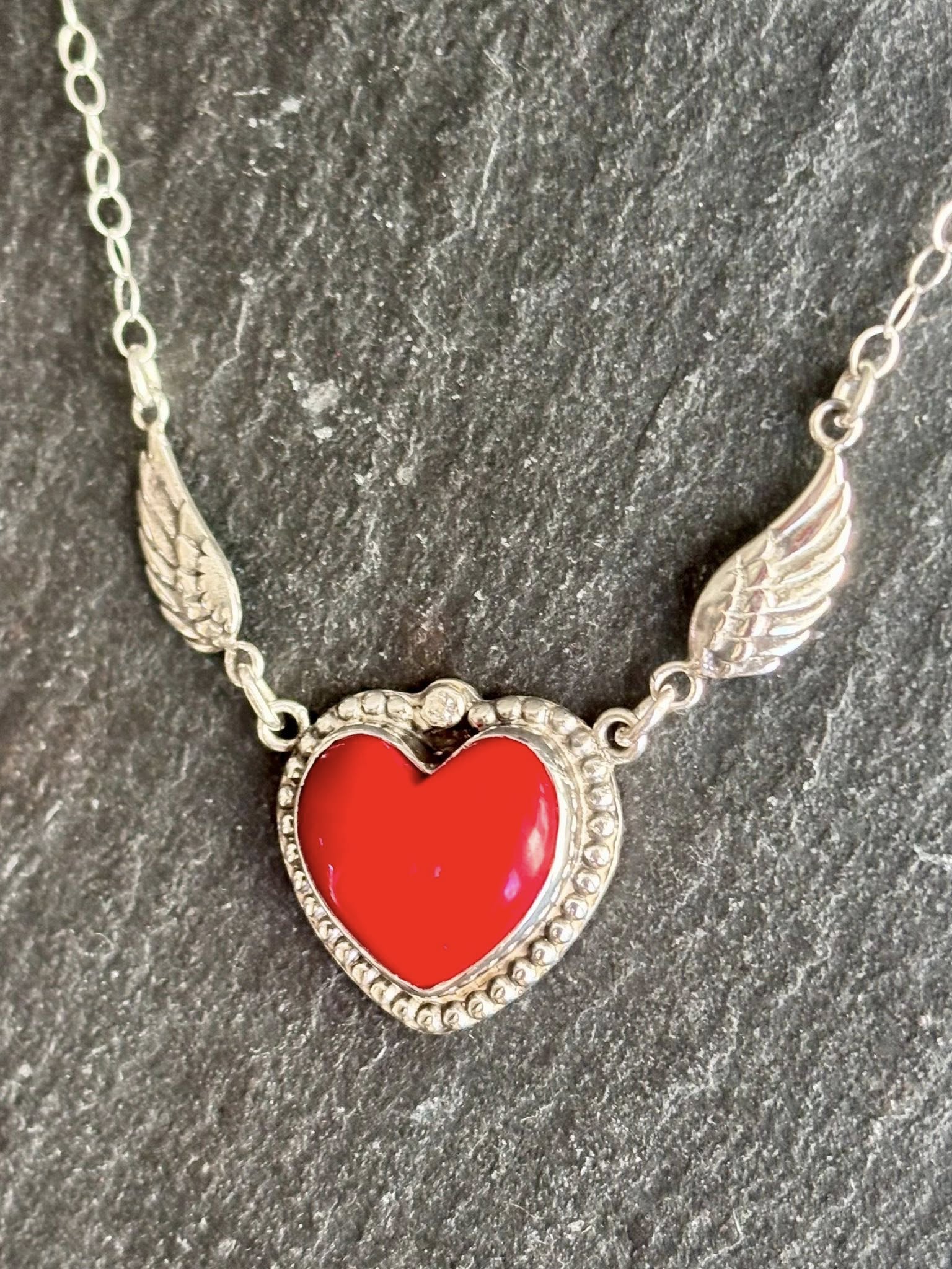 Sterling Silver Red Coral heart with wings necklace 18" boho clothing, festival outfit, hippie style apparel | Elevated Hippie