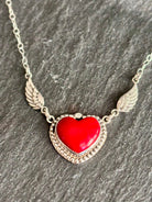 Sterling Silver Red Coral heart with wings necklace 18" boho clothing, festival outfit, hippie style apparel | Elevated Hippie