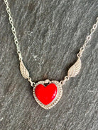 Sterling Silver Red Coral heart with wings necklace 18" boho clothing, festival outfit, hippie style apparel | Elevated Hippie