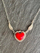 Sterling Silver Red Coral heart with wings necklace 18" boho clothing, festival outfit, hippie style apparel | Elevated Hippie