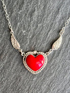 Sterling Silver Red Coral heart with wings necklace 18" boho clothing, festival outfit, hippie style apparel | Elevated Hippie