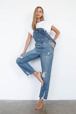 High Waist Ripped Straight Denim Overall Jumpsuit - The Elevated Hippie