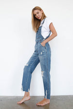 High Waist Ripped Straight Denim Overall Jumpsuit - The Elevated Hippie