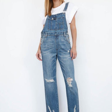 High Waist Ripped Straight Denim Overall Jumpsuit - The Elevated Hippie