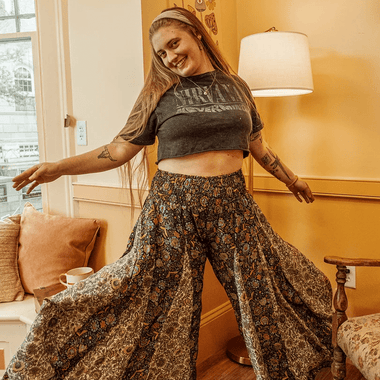 Hippie Boho Wide Leg Patchwork Silk Pants, Flow Trousers with pockets - The Elevated Hippie