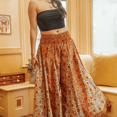 Hippie Boho Wide Leg Patchwork Silk Pants, Flow Trousers with pockets - The Elevated Hippie