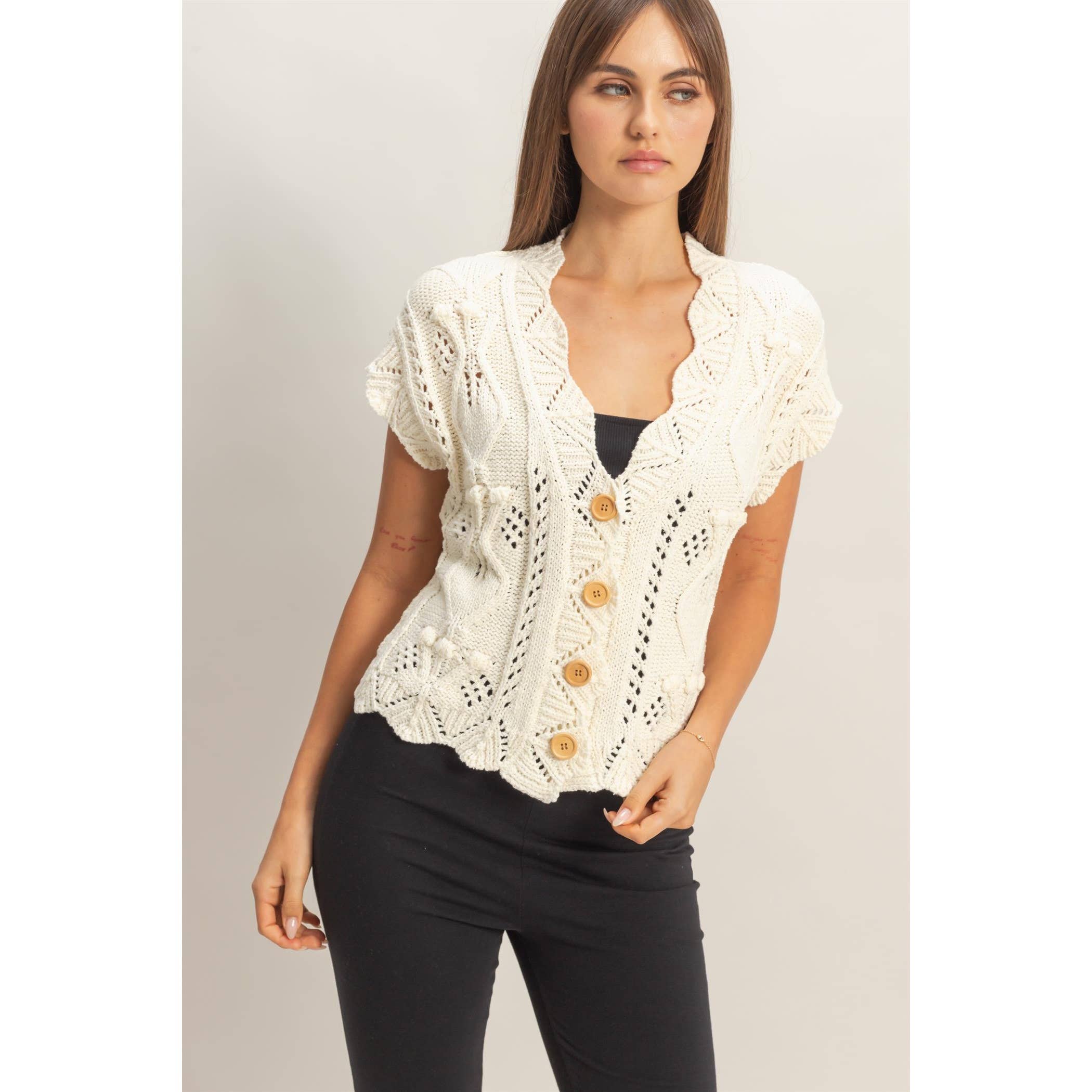 Button-Front Crochet Sweater - The Elevated Hippie