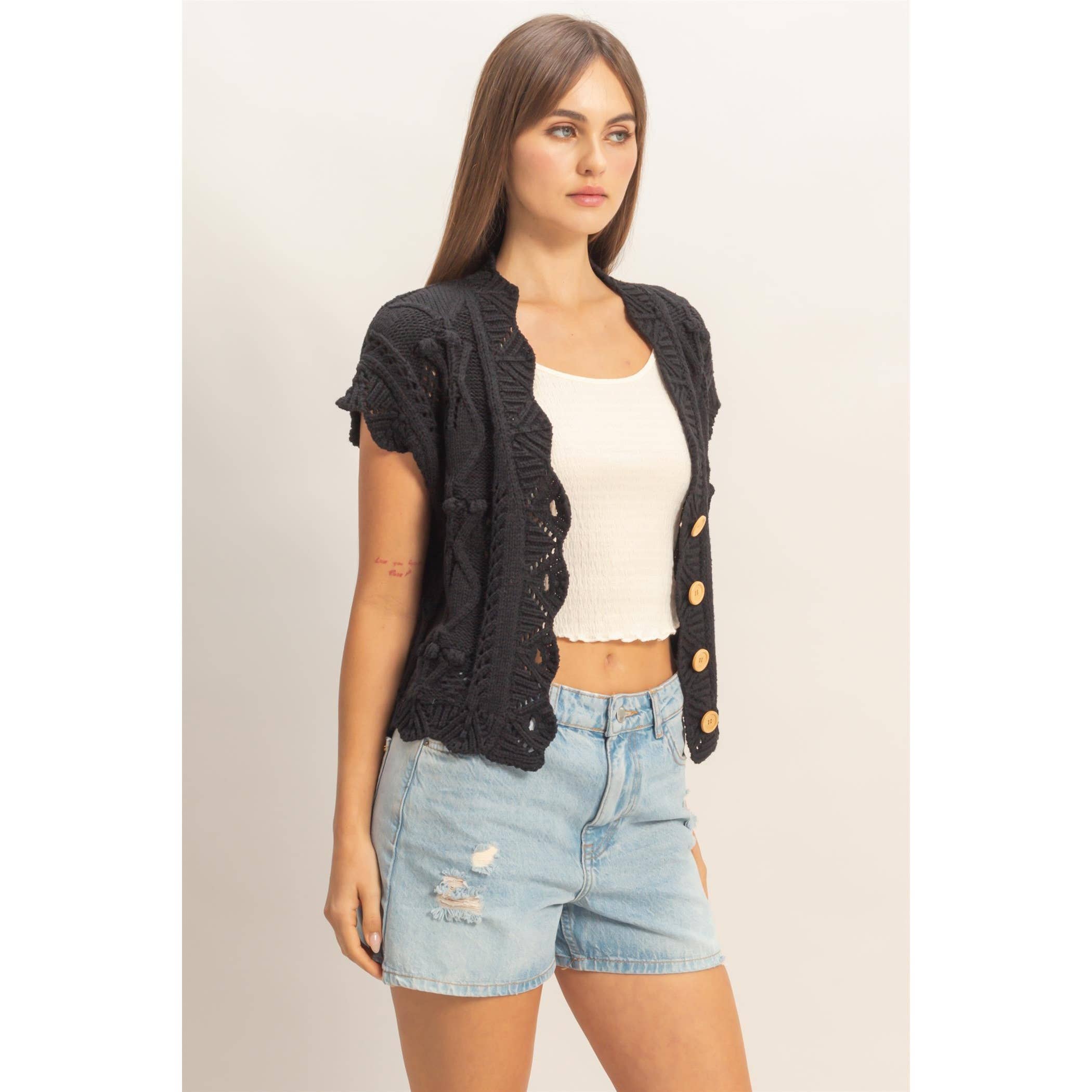 Button-Front Crochet Sweater - The Elevated Hippie
