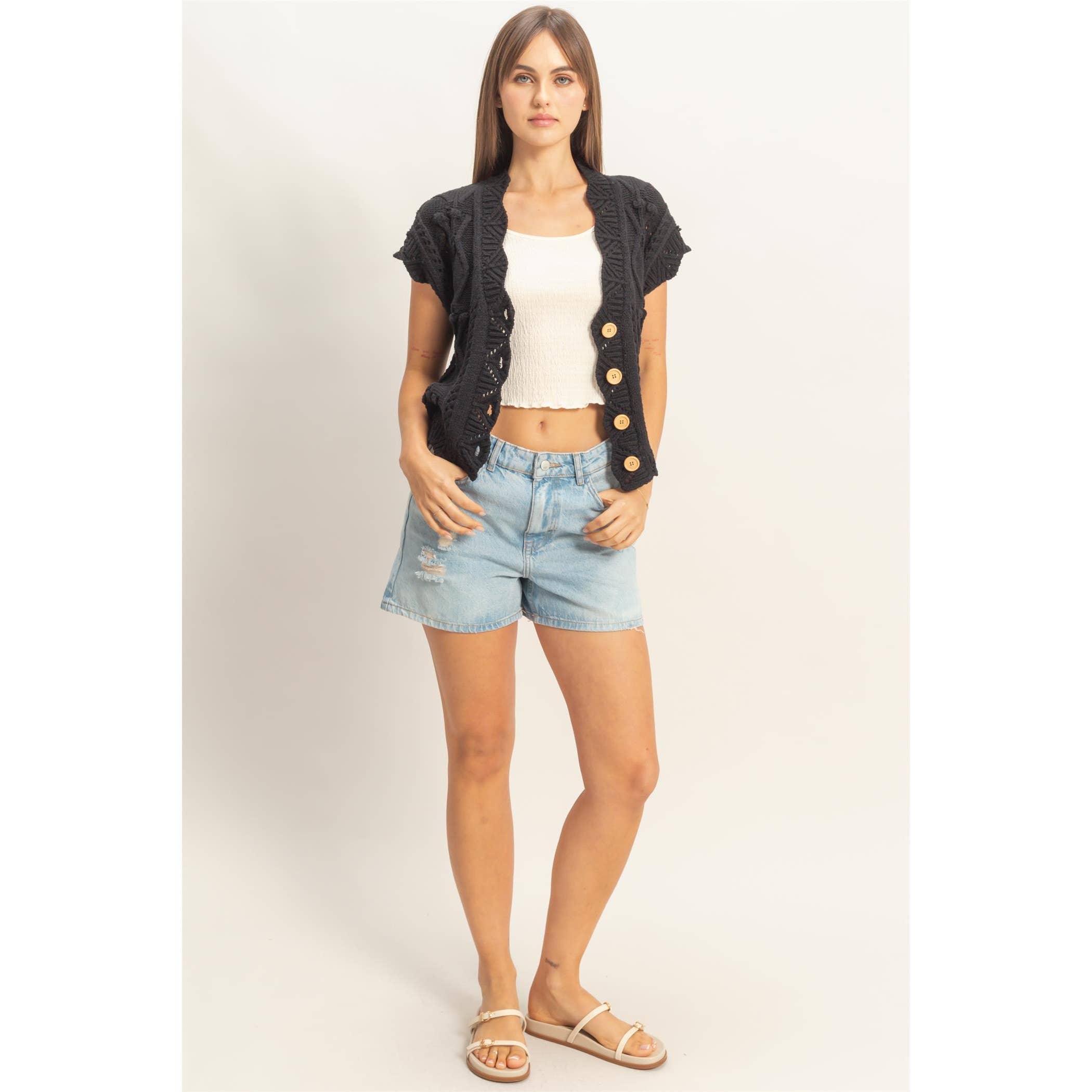 Button-Front Crochet Sweater - The Elevated Hippie