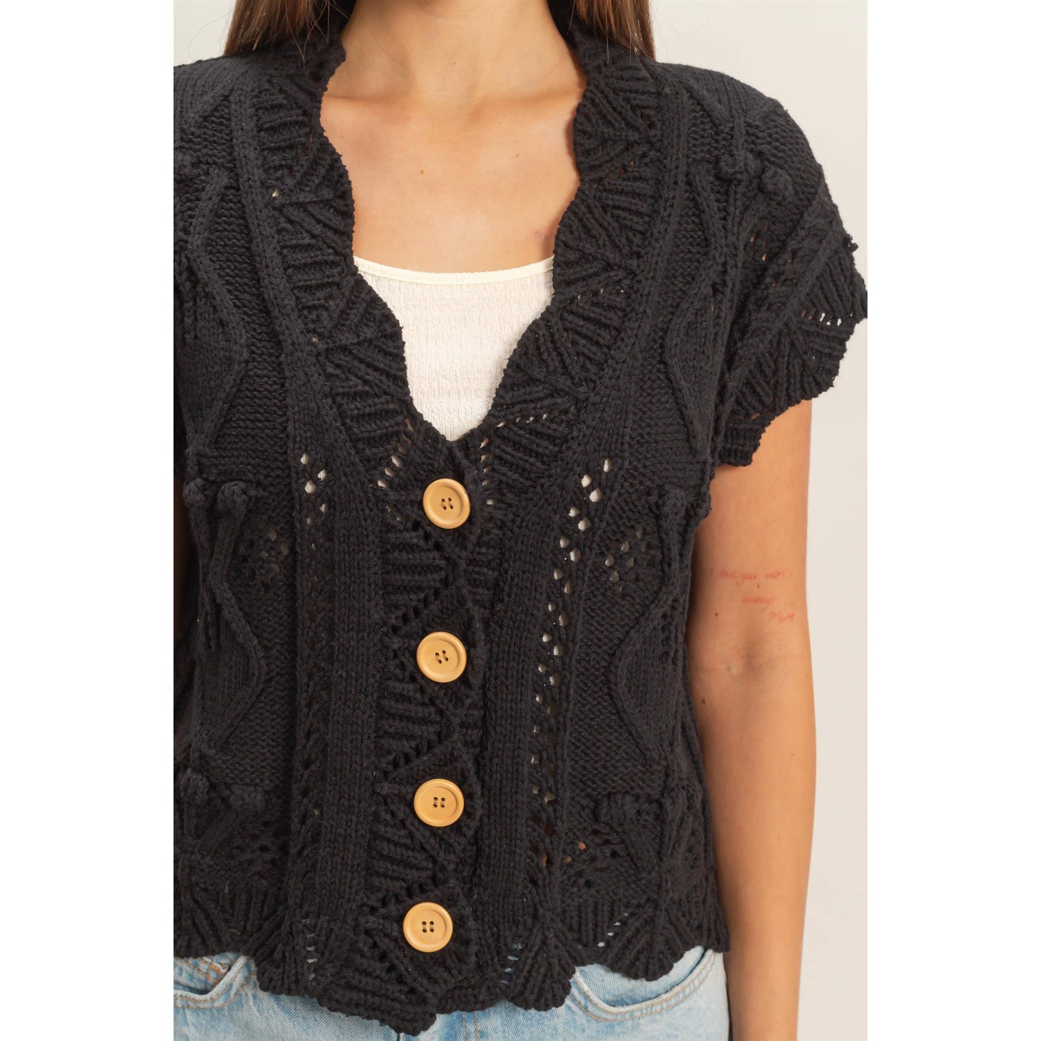 Button-Front Crochet Sweater - The Elevated Hippie