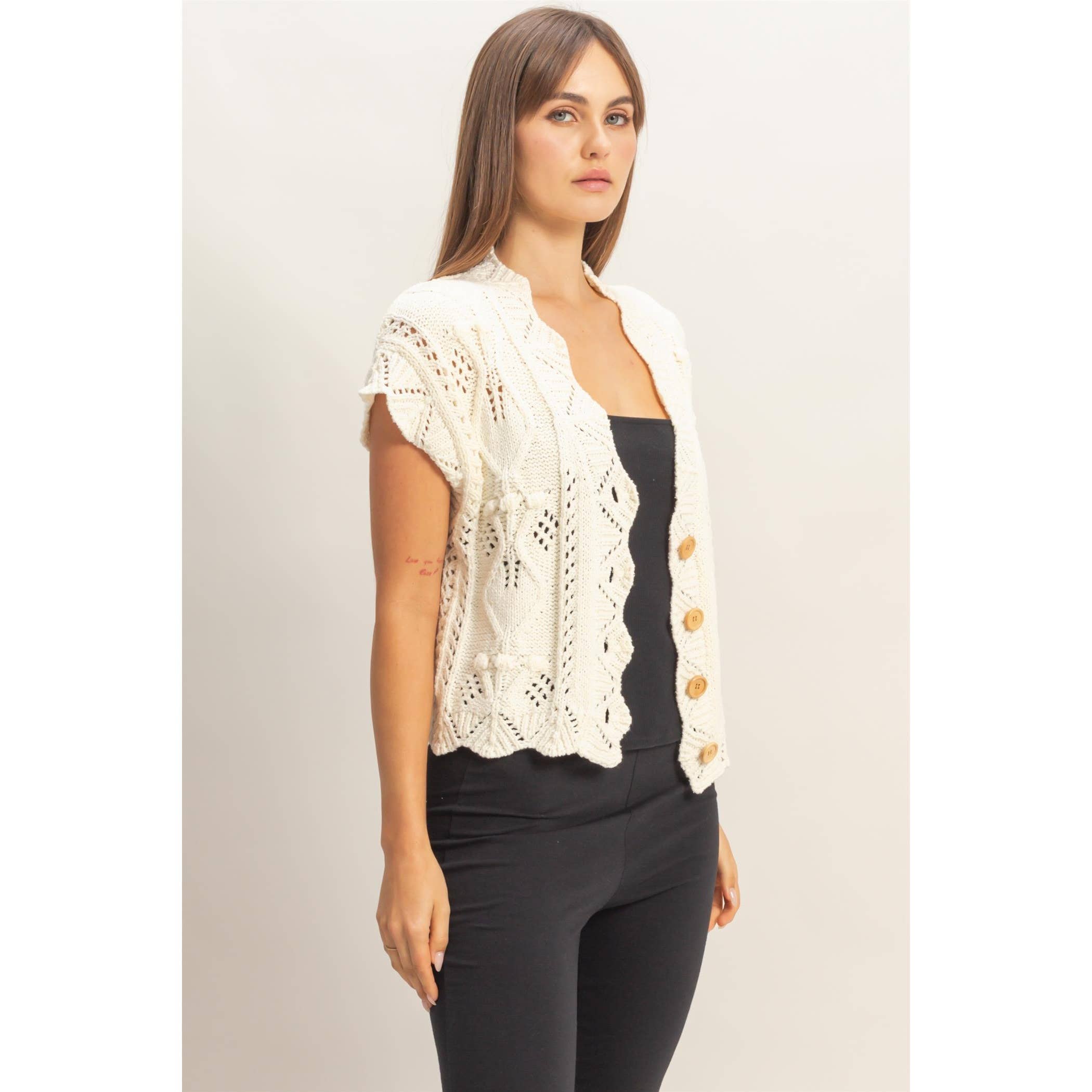 Button-Front Crochet Sweater - The Elevated Hippie