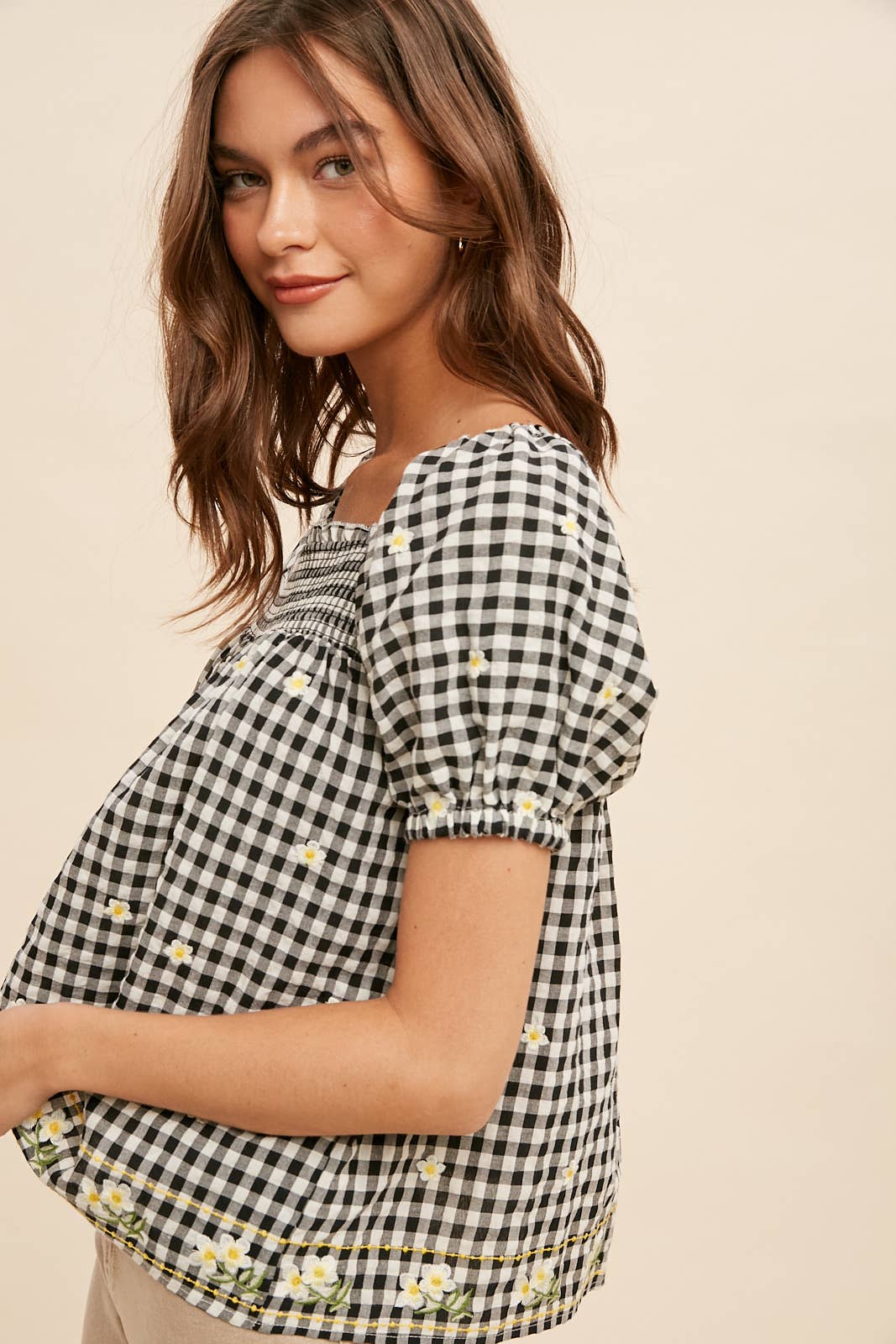 Women's Embroidered Gingham Smock Blouse – Sunny Days Boho Top - The Elevated Hippie