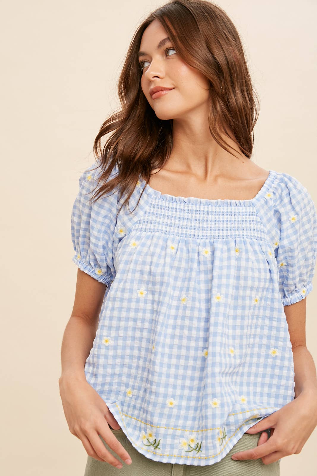Women's Embroidered Gingham Smock Blouse – Sunny Days Boho Top - The Elevated Hippie
