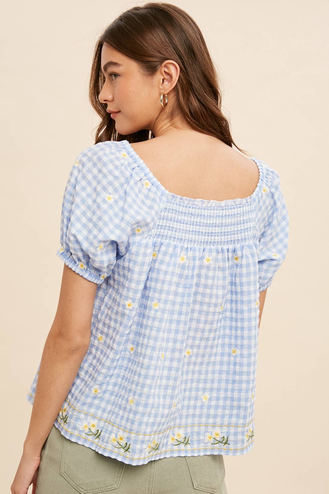 Women's Embroidered Gingham Smock Blouse – Sunny Days Boho Top - The Elevated Hippie