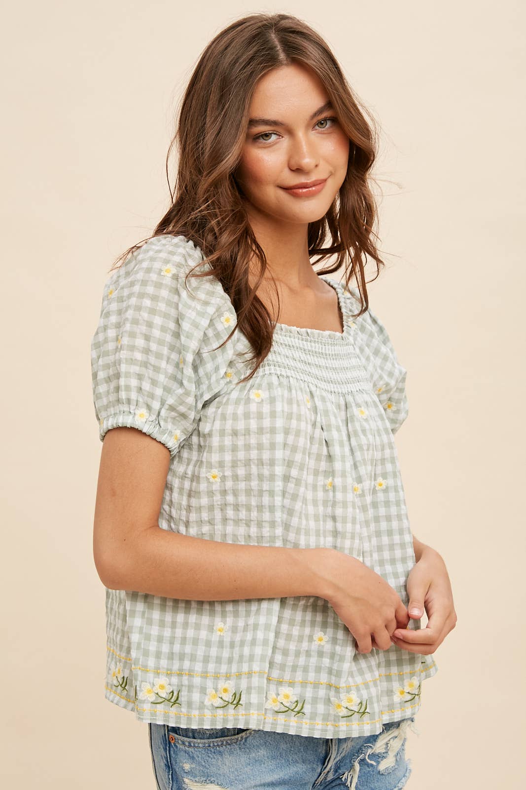 Women's Embroidered Gingham Smock Blouse – Sunny Days Boho Top - The Elevated Hippie