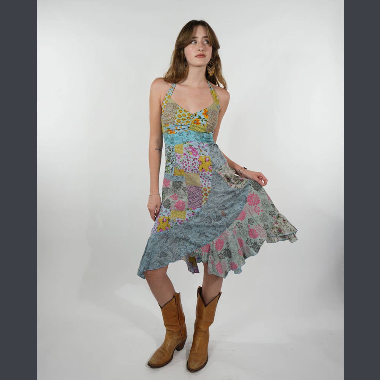 Boho Hippie Cotton Floral Patchwork Sun Dress W/ Pockets - The Elevated Hippie