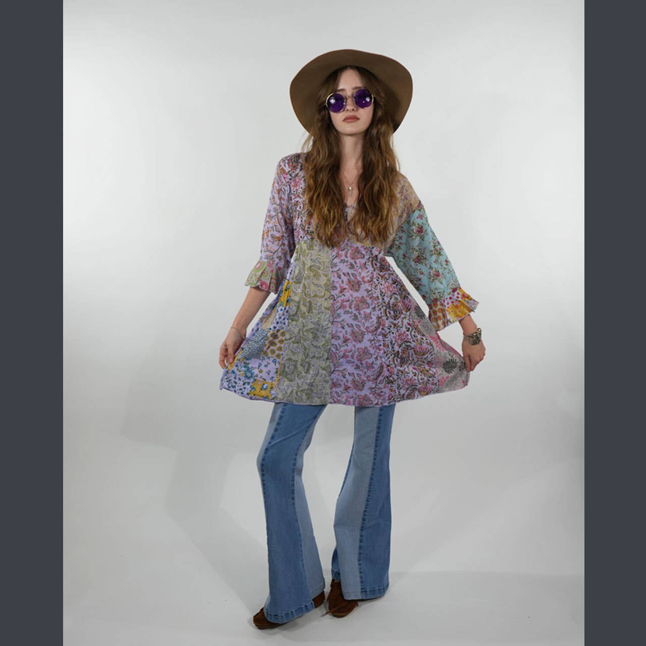 Boho Hippie Cotton Floral Patchwork 1/2 Sleeve Kurtha Top - The Elevated Hippie